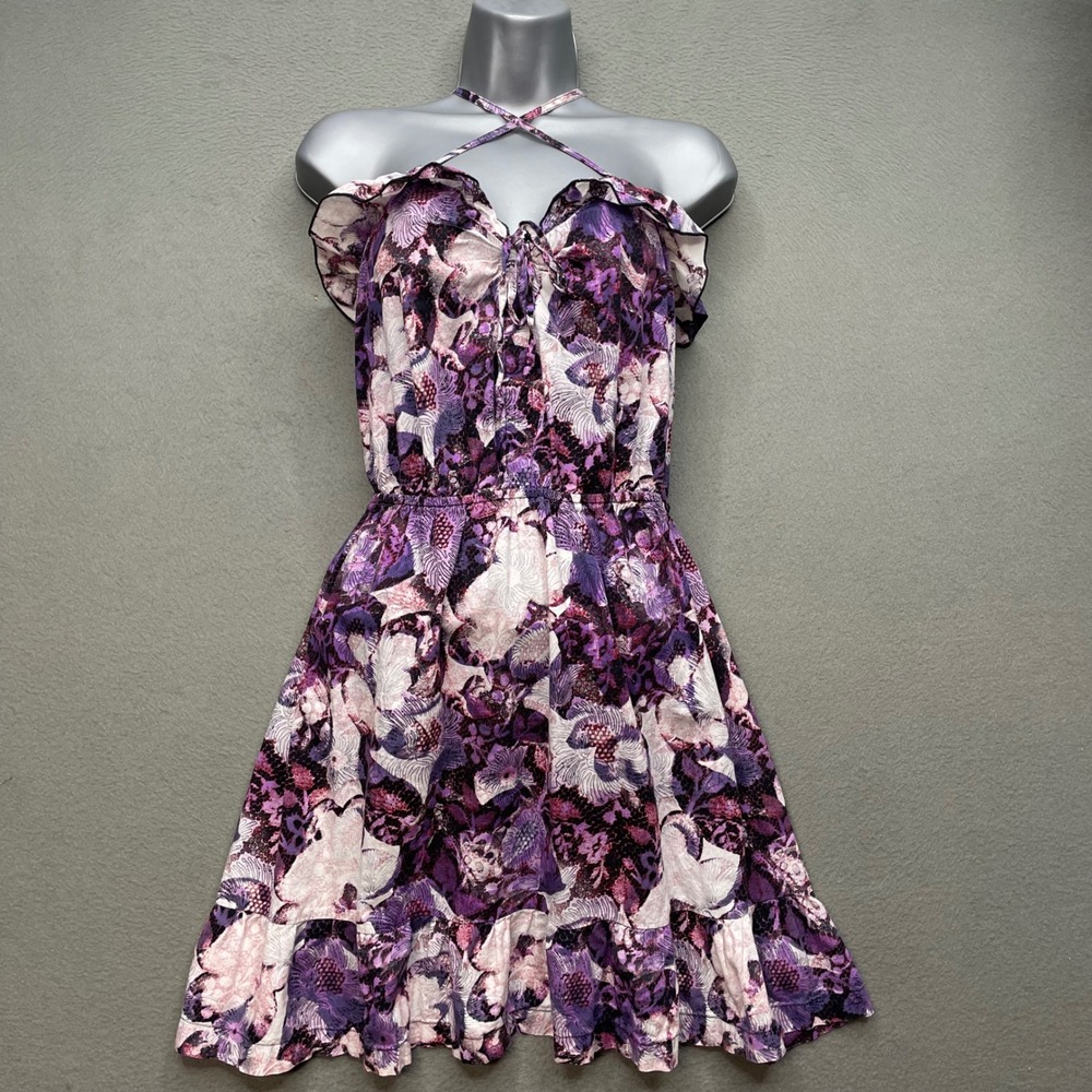 OP Women Dress Purple Floral Cotton XL Y2K Boho Sundress Halter Ruffle Fairycore